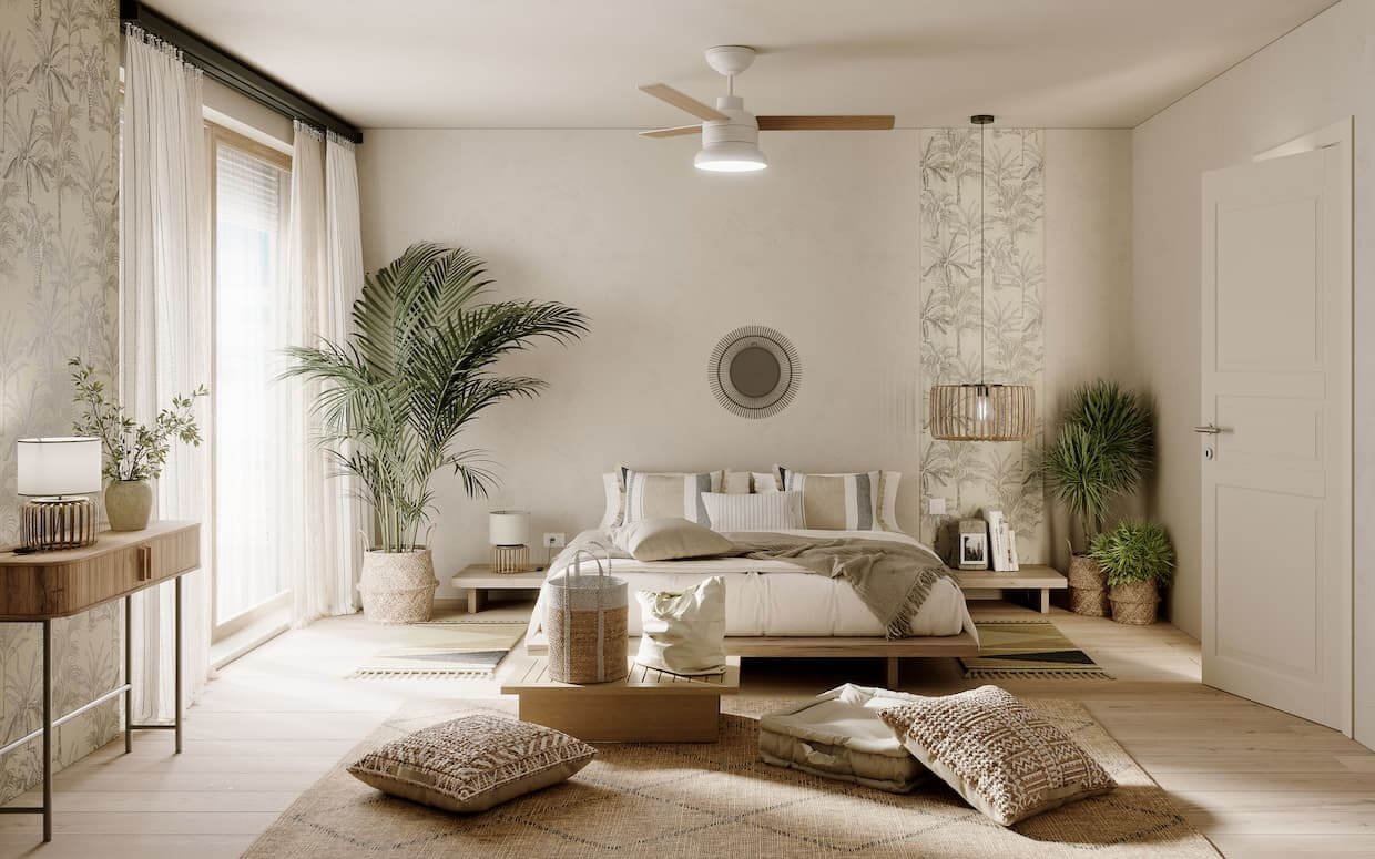 Nội thất phòng ngủ phong cách Scandinavian kết hợp Boho